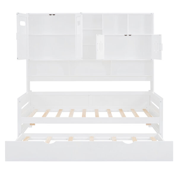 Twin Size Wooden Daybed With Twin Size Trundle, and All-in-One Cabinet and Shelf, White
