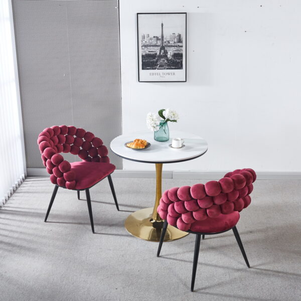 wine red  Modern chair(set of 2 ) with golden color iron tube legs,  soft cushions and comfortable backrest, suitable for dining room, living room, cafe,hairball back