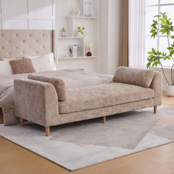 83.1"Wide Modern Upholstered End of Bed Bench with Armrests, Chenille Chaise Lounge Couch with 2 Bolster Pillows, Daybed with Rubberwood Legs For Living Room,Bedroom,Apartment,Guestroom, Wheat