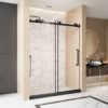 Frameless Single sliding shower door  60 "W x 76" H, 1/4 "(6 mm) Clear Tempered Glass, Explosion Proof Film, Stainless Steel Handle Square Tube Track ,Matte Black