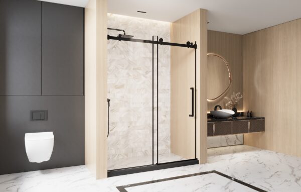 8a28bd7ffe75406d8b2a41a8a20d41fe_e6cf924b1c30df97c75c14b721515199 Frameless Single sliding shower door 60 "W x 76" H, 1/4 "(6 mm) Clear Tempered Glass, Explosion Proof Film, Stainless Steel Handle Square Tube Track ,Matte Black