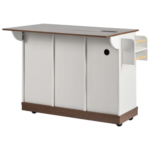 K&K 55.5" Farmhouse Kitchen Island with Drop Leaf, Kitchen Storage Island with Barn Door, Power Outlet, Rolling Kitchen Cart on Wheels with Spice Rack, for Home, Kitchen, Dining Room, White