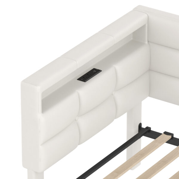 Upholstered Twin Size Daybed with Storage 2 Drawers and Charging Station, Day Bed Frame with LED Lights and Storage Headboard, No Box-Spring Needed, Beige