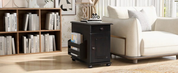 U-Can Vintage End Table Flip Top Side Table with USB Ports, One Multifunctional Drawer with cup holders, Sofa Couch Table with Bookshelf for Living room and Small Space