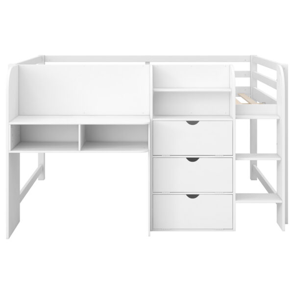 Full Size Low Loft Bed with Built-in Desk,Storage Cabinets and Open Bookcase,Whiteboard for Graffiti,White(ETA:7/8)