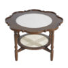 Mid-Century Style Coffee Table with Petal Shape and White Crackle Pattern Glass, 2-Tiered Coffee Table with Rattan, Walnut, 31.5"