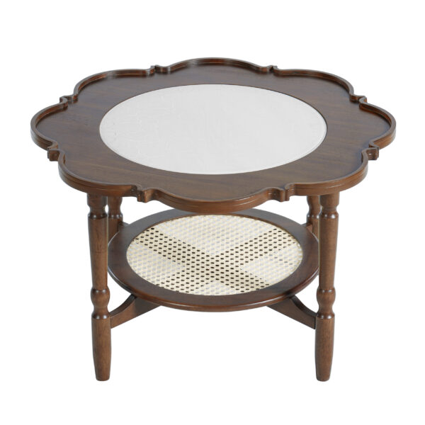 Mid-Century Style Coffee Table with Petal Shape and White Crackle Pattern Glass, 2-Tiered Coffee Table with Rattan, Walnut, 31.5"