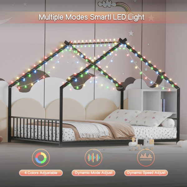 Full size children's bed frame with LED light strips, roof-shaped iron frame bed, Black,78.5" L x 55.9" W x 58.4" H.