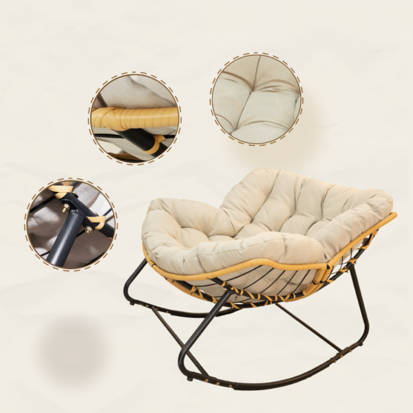 Outdoor Rocking Chair, Patio Egg Rocking Chair, Indoor Papasan Chair, Rattan Wicker Lounge Chair, Modern Royal Chair for Bedroom, Living Room, Porch, Garden,Lawn-Beige
