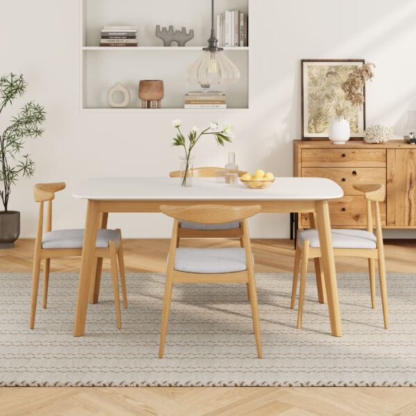 5-Piece Mid-Century Modern Dining Set - Solid Wood Frame Table + 4 Beige Upholstered Chairs(White Oak+Beige)