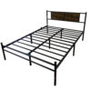 Queen Size Metal Bedframe with Wood Panel Headboard - Black+Brown