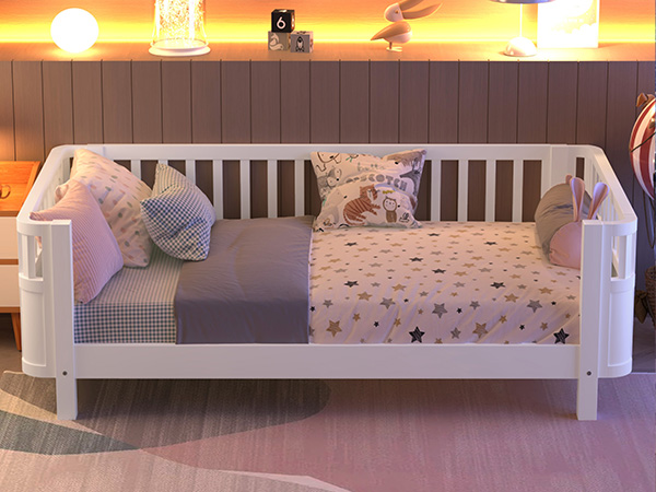 Twin Size Wood Platform Bed for Kids, Wood Low Profile Twin Bed with Rails for Girls and Boys, White (Patented Design)