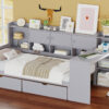 Twin Size Daybed with Storage 3 Cabinets and 2 Drawers, Wooden L-Shape Daybed Frame with Study Desk and Built-in Bookshelf, Multi-functional Bed for Bedroom Guest Room,Gray