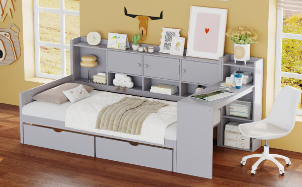 Twin Size Daybed with Storage 3 Cabinets and 2 Drawers, Wooden L-Shape Daybed Frame with Study Desk and Built-in Bookshelf, Multi-functional Bed for Bedroom Guest Room,Gray