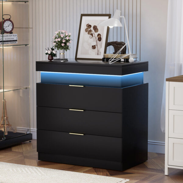 Nightstand with Charging Station and LED Lights,Night Stand with Sliding Top for Bedroom,Bedside Table with Drawers,Modern End Side Table,Black.28.8''W x 17''D x 30.5''H.