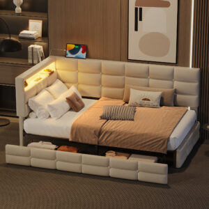 Upholstered Twin Size Daybed with Storage 2 Drawers and Charging Station, Day Bed Frame with LED Lights and Storage Headboard, No Box-Spring Needed, Beige