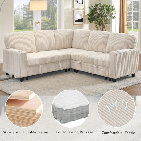 L-Shaped Sectional Sofa Bed with Pull-Out Bed & Storage, 5-Seat Sleeper Couch with USB Charging, Convertible Design for Living Room, Apartment, Corduroy Fabric, Beige