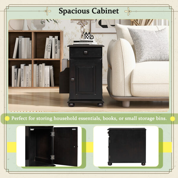 U-Can Vintage End Table Flip Top Side Table with USB Ports, One Multifunctional Drawer with cup holders, Sofa Couch Table with Bookshelf for Living room and Small Space