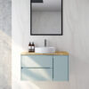 36-Inch Double Drawer + Single Door Wall-Mounted Bathroom Vanity .Blue Cabinet + Solid Wood Natural Top,Round Art Ceramic Sink Modern Minimalist Design,For Bathroom