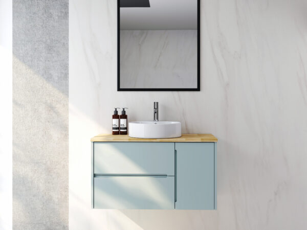 91ff0984fb694c31b81847b2a4942ee6_deb924e8619e33467455b1f515da138a 36-Inch Double Drawer + Single Door Wall-Mounted Bathroom Vanity .Blue Cabinet + Solid Wood Natural Top,Round Art Ceramic Sink Modern Minimalist Design,For Bathroom
