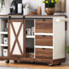 K&K 55.5" Farmhouse Kitchen Island with Drop Leaf, Kitchen Storage Island with Barn Door, Power Outlet, Rolling Kitchen Cart on Wheels with Spice Rack, for Home, Kitchen, Dining Room, White