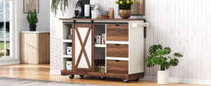K&K 55.5" Farmhouse Kitchen Island with Drop Leaf, Kitchen Storage Island with Barn Door, Power Outlet, Rolling Kitchen Cart on Wheels with Spice Rack, for Home, Kitchen, Dining Room, White