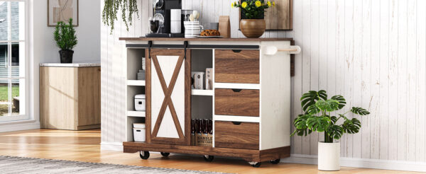 K&K 55.5" Farmhouse Kitchen Island with Drop Leaf, Kitchen Storage Island with Barn Door, Power Outlet, Rolling Kitchen Cart on Wheels with Spice Rack, for Home, Kitchen, Dining Room, White