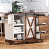 K&K 55.5" Farmhouse Kitchen Island with Drop Leaf, Kitchen Storage Island with Barn Door, Power Outlet, Rolling Kitchen Cart on Wheels with Spice Rack, for Home, Kitchen, Dining Room, White
