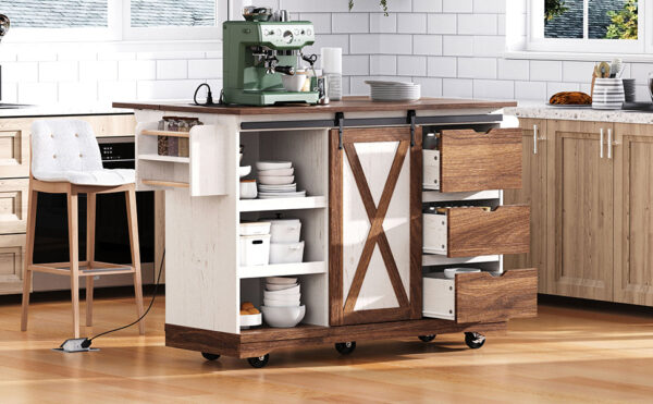 K&K 55.5" Farmhouse Kitchen Island with Drop Leaf, Kitchen Storage Island with Barn Door, Power Outlet, Rolling Kitchen Cart on Wheels with Spice Rack, for Home, Kitchen, Dining Room, White