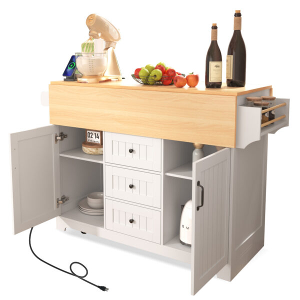 K&K 55.7'' Large Kitchen Island with 2 Drop Leaf,, Rolling Kitchen Cart on 5 Wheels with Power Outlet, Folding Storage Dining Table with Spice & Towel Rack , 3 Drawers, for Kitchen, Dining Room,White
