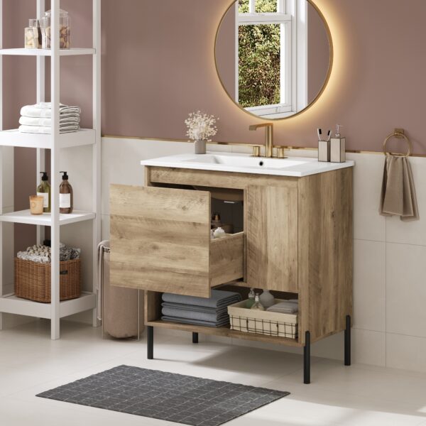 30" Modern Wood Fixture Bathroom Vanity, Bathroom Cabinet with Sliding Drawer, Bathroom Storage Cabinet with Ceramic Basin Sink Top, Single Bathroom Vanities Cabinet with Doors and Open Shelf