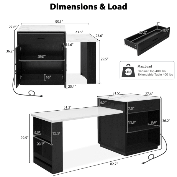 K&K 82.7 inch Kitchen Island with Extendable Dining Table for 4-6 Person,Faux Mable Kitchen Table with Double-sized Storage,Power Outlet,Kitchen island with Storage 2 Drawers 2 Side Open Shelves,Black