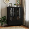 Minimalist Black Buffet Cabinet with Double Glass Doors and Drawer, Modern Wooden Storage Sideboard Cupboard for Living room, Dining Room Hallway Entryway(Black)