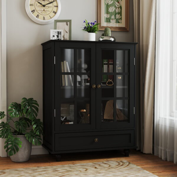 Minimalist Black Buffet Cabinet with Double Glass Doors and Drawer, Modern Wooden Storage Sideboard Cupboard for Living room, Dining Room Hallway Entryway(Black)