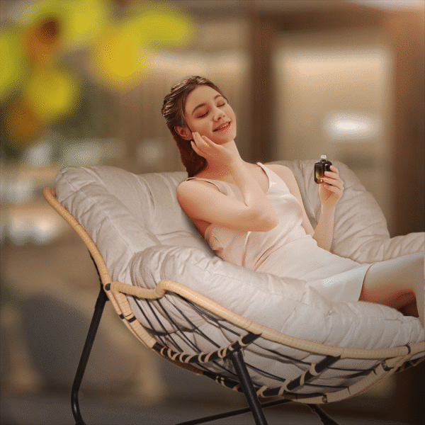 Outdoor Rocking Chair, Patio Egg Rocking Chair, Indoor Papasan Chair, Rattan Wicker Lounge Chair, Modern Royal Chair for Bedroom, Living Room, Porch, Garden,Lawn-Beige