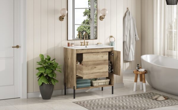 30" Modern Wood Fixture Bathroom Vanity, Bathroom Cabinet with Sliding Drawer, Bathroom Storage Cabinet with Ceramic Basin Sink Top, Single Bathroom Vanities Cabinet with Doors and Open Shelf