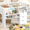 Full Size Low Loft Bed with Built-in Desk,Storage Cabinets and Open Bookcase,Whiteboard for Graffiti,White(ETA:7/8)