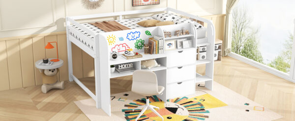 Full Size Low Loft Bed with Built-in Desk,Storage Cabinets and Open Bookcase,Whiteboard for Graffiti,White(ETA:7/8)