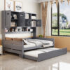 Full Size Wooden Daybed With Twin Size Trundle, and All-in-One Cabinet and Shelf, Gray