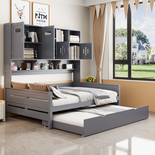 Full Size Wooden Daybed With Twin Size Trundle, and All-in-One Cabinet and Shelf, Gray