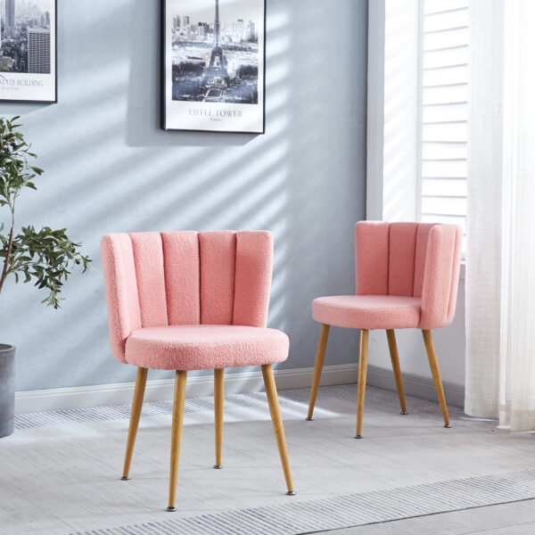 Modern pink dining chair(set of 2 ) with iron tube wood color legs, shorthair cushions and comfortable backrest, suitable for dining room, living room, cafe, simple structure.