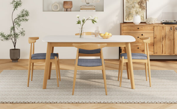 5-Piece Mid-Century Modern Dining Set - Solid Wood Frame Table + 4 Beige Upholstered Chairs(White Oak+Gray)