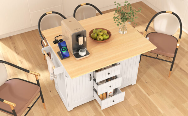 K&K 55.7'' Large Kitchen Island with 2 Drop Leaf,, Rolling Kitchen Cart on 5 Wheels with Power Outlet, Folding Storage Dining Table with Spice & Towel Rack , 3 Drawers, for Kitchen, Dining Room,White