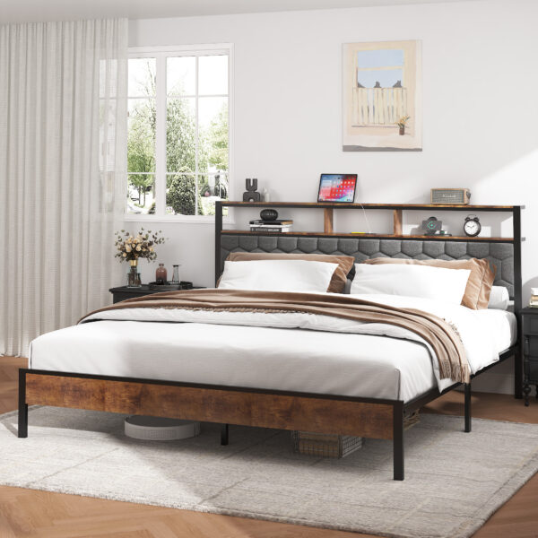 9aec2b09806f4aed941123e0f5317ac0_bff277a328be0311e8629466afada7aa King size bed, wooden platform bed frame, bedside with soft packaging and 2 USBs, no noise, no need for spring mattresses and simple assembly tools, large storage space under the bed, brown color
