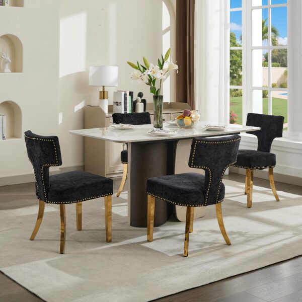 Mid Century Modern Dining Chairs Set of 2, Farmhouse Chenille Fabric Upholstered Accent Chair Curved Backrest with Copper Nails around,Kitchen Chairs with Golden Stainless Steel Plating Legs, Black