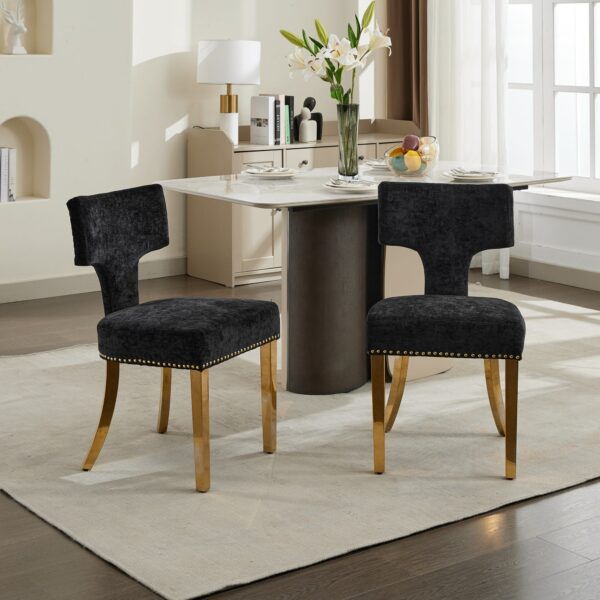 Mid Century Modern Dining Chairs Set of 2, Farmhouse Chenille Fabric Upholstered Accent Chair Curved Backrest with Copper Nails around,Kitchen Chairs with Golden Stainless Steel Plating Legs, Black