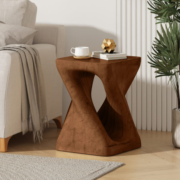 9ba8e613cf1b492a8f771d0e1b5d85ec_4d741a9361ee2f9dbf1f34c90233b4d4 MGO Twist Shape Side Table, Wood-like texture, antique brown Color