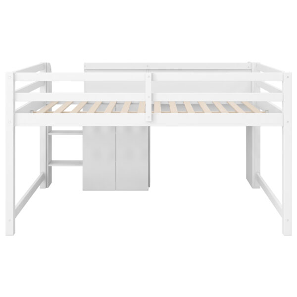 Full Size Low Loft Bed with Built-in Desk,Storage Cabinets and Open Bookcase,Whiteboard for Graffiti,White(ETA:7/8)