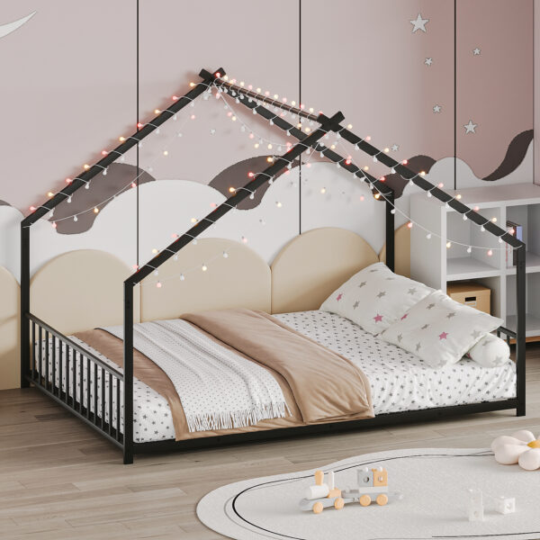 Full size children's bed frame with LED light strips, roof-shaped iron frame bed, Black,78.5" L x 55.9" W x 58.4" H.
