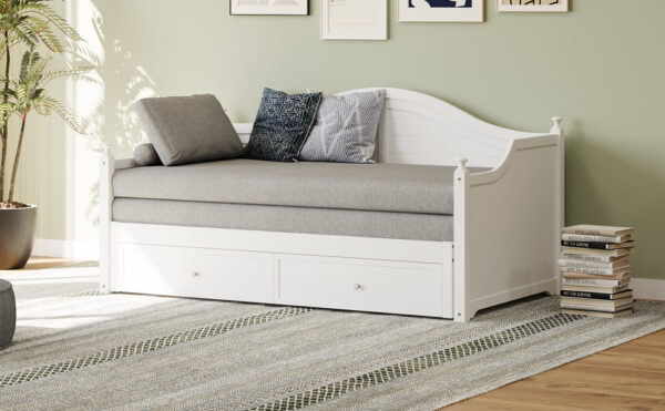 Twin Size Wood Daybed Extended Bed with Storage Drawers Wooden Sofa Bed for Living Room Guest Room, White
